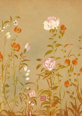 Joseon inspired Floral Painting with Roses and Leaves