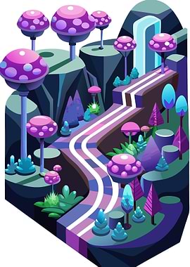 Isometric Fantasy Landscape with Mushroom Trees Metal Wall Print Art