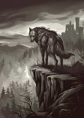 Wolf on Cliff Edge with Castle