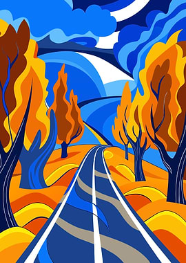 Autumn Road Landscape Illustration Metal Wall Print Art