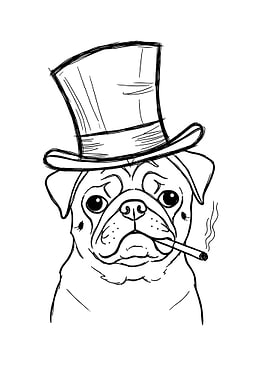Pug with Top Hat and Cigarette