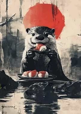 Otter eating sushi with red sun