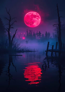 Eerie Pink Moon Over Misty Lake