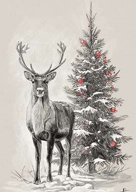 Christmas Deer and Tree Drawing