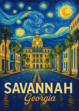 Savannah Georgia Cityscape Van Gogh Style