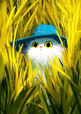 Cat in Grass with Blue Hat