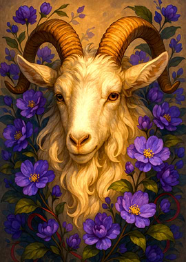 Ram Portrait with Purple Flowers