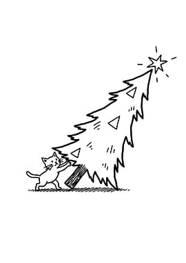 Cat Decorating Christmas Tree Illustration