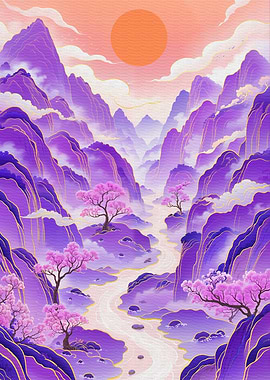 Purple Mountain Landscape with Cherry Blossoms