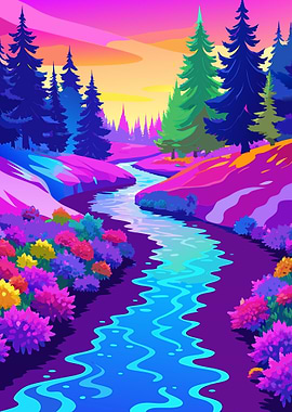 Neon Synthwave Forest Stream Landscape Metal Wall Print Art