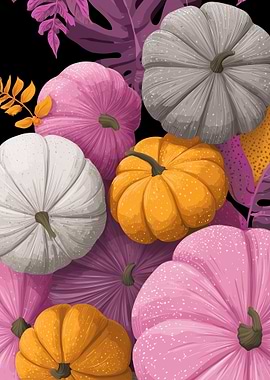 Colorful Pumpkins and Leaves Illustration