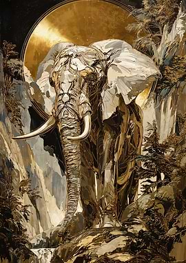 Golden Elephant in Mountain Landscape Painting