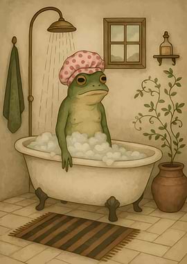 Frog in Bathtub with Shower Cap