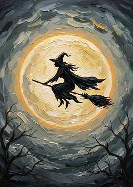 Witch Flying on Broomstick Painting