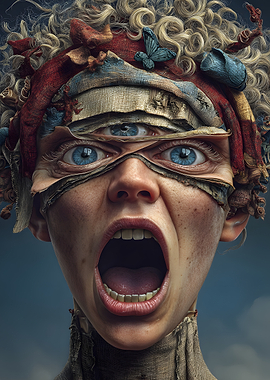 Surreal Portrait of Screaming Woman with three eyes