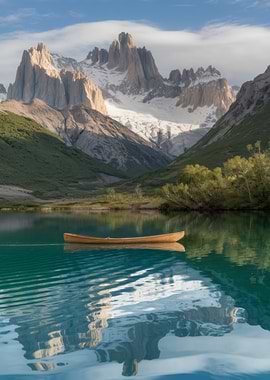 Canoe on Lake with Mountain Reflection