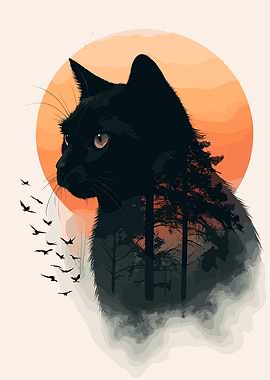 Black Cat Forest Silhouette Art