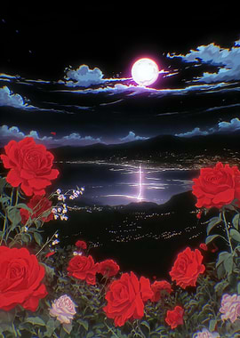Red Roses Under Moonlight - Dark Retro Anime