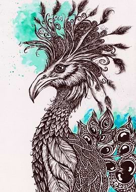Detailed Phoenix Illustration with Watercolor Accents