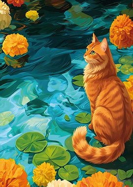 Orange Cat in Floral Lily Pond