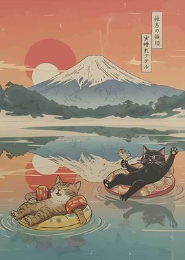 Cats Relaxing with Mount Fuji