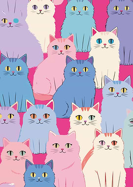 Colorful Cats Pattern on Pink Background
