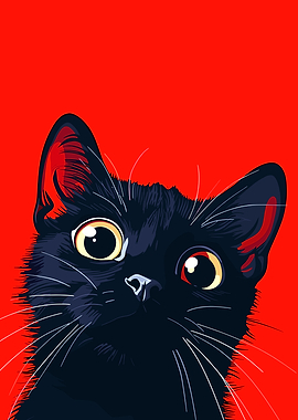 Black Cat Portrait on Red Background