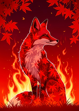 Fox with Maple Leaves and Fire