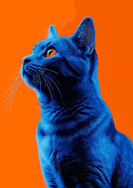 Blue Cat Portrait on Orange Background