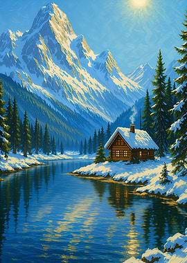 Winter Cabin by the River