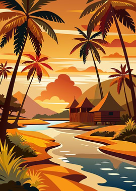 Tropical Sunset River Landscape illustration with Palm Trees and Huts