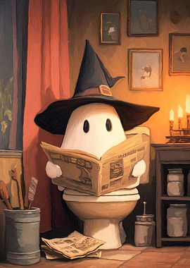 Ghost Reading Newspaper on Toilet