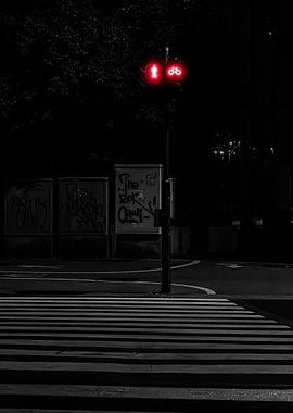 Night Street Scene with Red Traffic Light