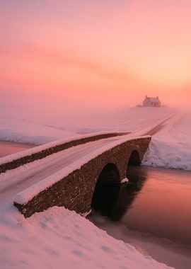 Snowy Bridge and House at Sunset