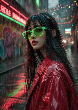 Neon Girl in Rainy Cityscape