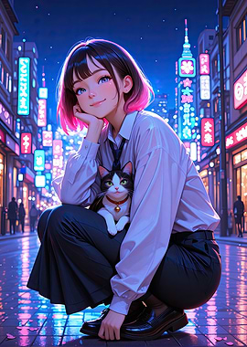 Anime Girl with Cat in Cityscape
