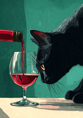 Black Cat and Wine Illustration