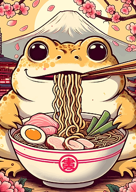 Frog eating ramen with Mount Fuji