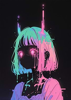 Anime Girl with Dripping Neon Hair