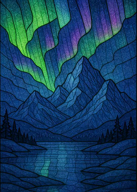 Aurora Borealis Mountain Lake Landscape Art