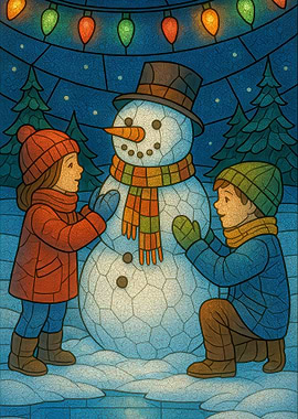 Children Building a Snowman Illustration