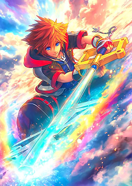 Sora with Keyblade in Colorful Sky