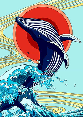 Whale breaching with sun and waves