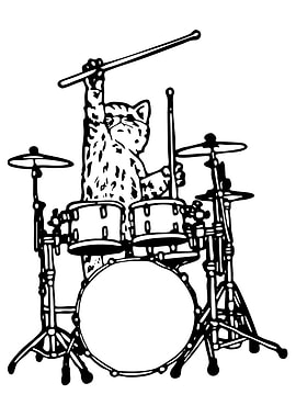 Cat drummer black and white illustration