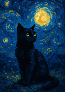 Black Cat Starry Night Painting