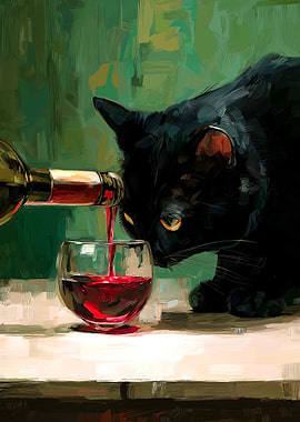 Black Cat and Wine Painting
