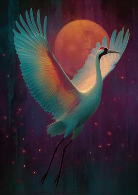 Crane in Flight with Moon