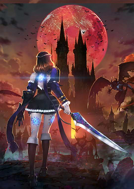 Fantasy Warrior Against Castle and Moon