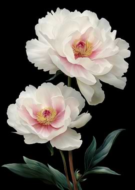 Two White Peonies on Black Background