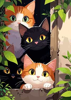 Cartoon Cats in Window